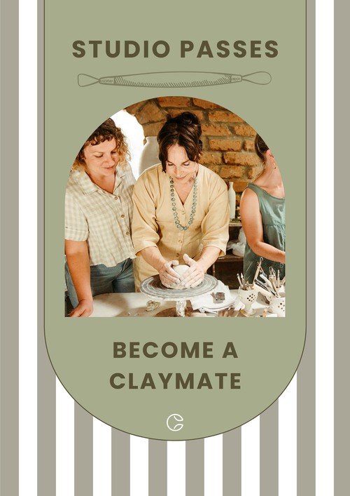 Promotional graphic for 'Studio Passes' with people working on pottery, set against a green background.
