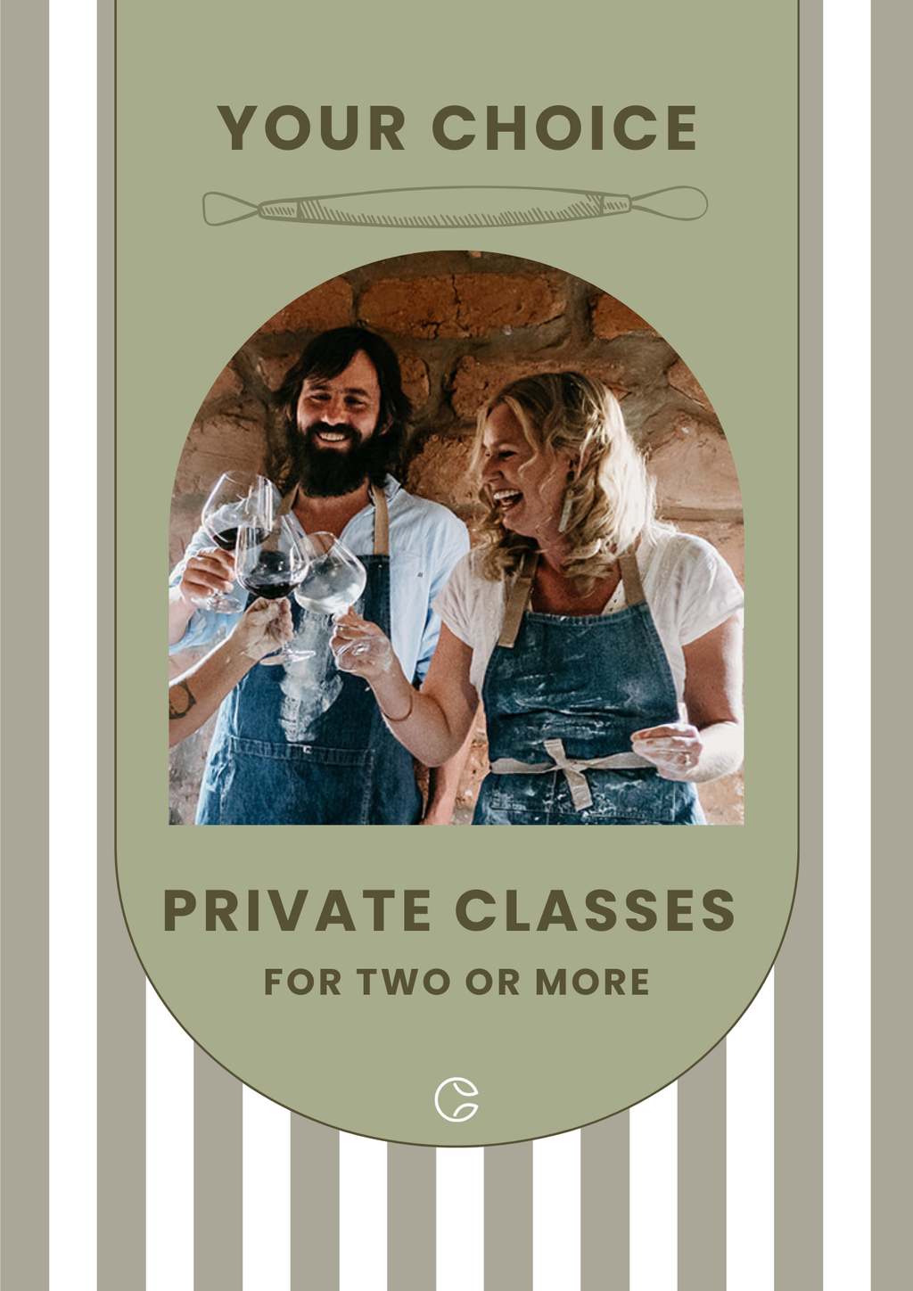 Promotional flyer for private classes at Claymates Studio with a man and woman in aprons holding wine glasses.
