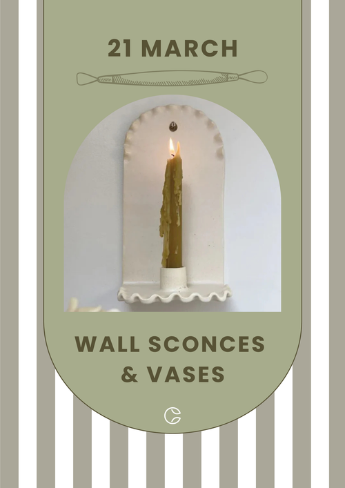 Advertisement for wall sconces and vases class with a candle on a green background